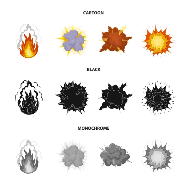 Plamenem, jiskry, vodík fragmenty, atomové nebo výbuch plynu, bouřky, solární exploze. Výbuchy sada kolekce ikon v karikatuře, černá, monochromatickém stylu vektor symbol skladem ilustrace web. — Stockový vektor