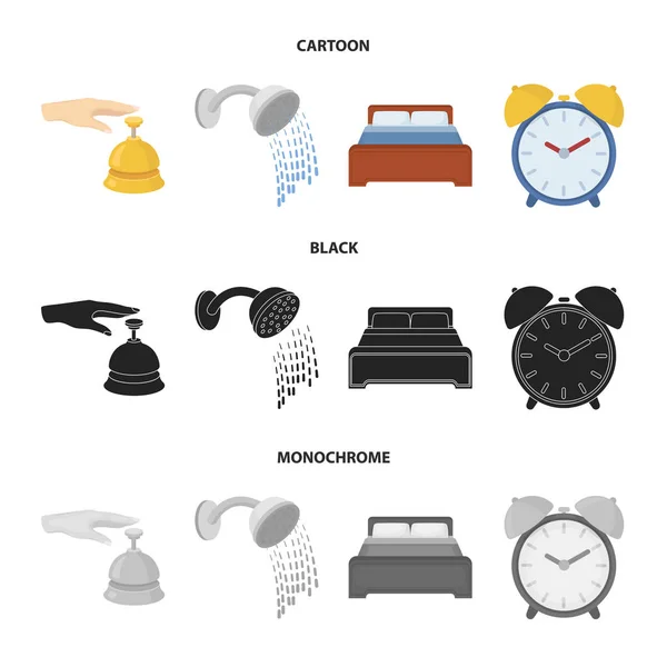 Call at the reception, alarm clock, bed, shower.Hotel set collection icons in cartoon, black, monochrome style vector symbol stock illustration web . — стоковый вектор