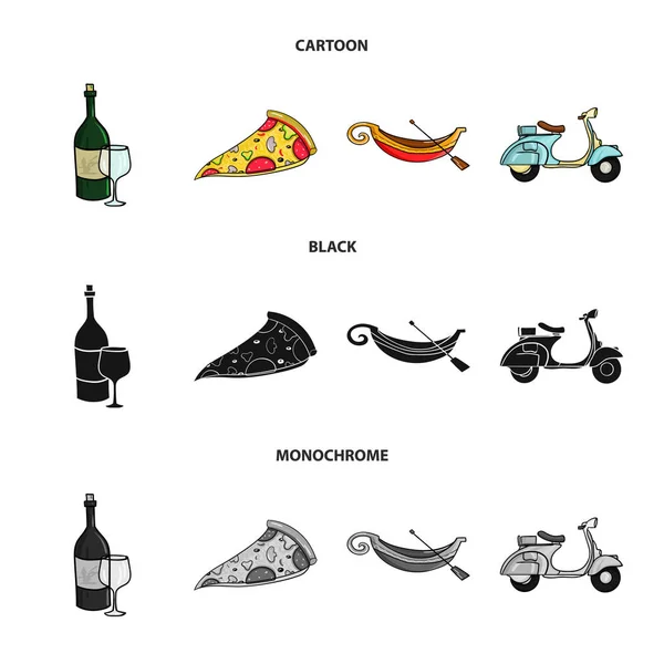 Uma garrafa de vinho, um pedaço de pizza, uma gundola, uma scooter. Itália conjunto coleção ícones em desenhos animados, preto, estilo monocromático símbolo vetorial ilustração web . — Vetor de Stock