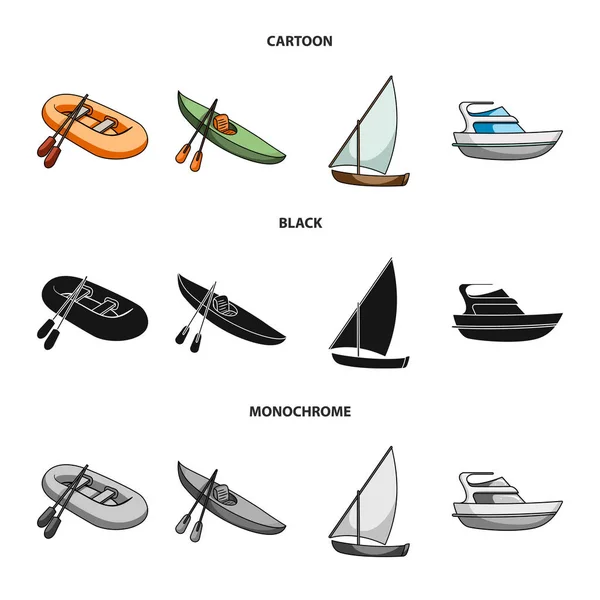 Un barco de pesca de goma, un kayak con remos, una goleta de pesca, un yate de motor.Los buques y el transporte acuático establecen iconos de colección en dibujos animados, negro, estilo monocromo vector símbolo stock illustration web . — Vector de stock