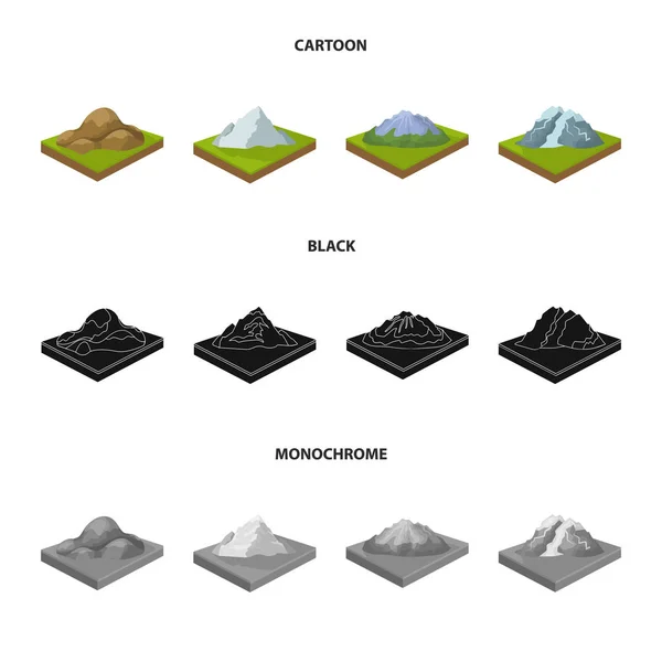 Горы, скалы и пейзажи. Рельеф и горы устанавливают иконки коллекции в мультипликационном, черном, монохромном стиле изометрического векторного символа . — стоковый вектор