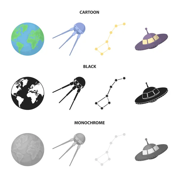 행성 위성, 큰곰자리, Ufo 비행과 대륙 및 대양, 지구. 만화, 흑인, 흑백 스타일 벡터 기호 재고 일러스트 웹에 공간 설정 컬렉션 아이콘. — 스톡 벡터