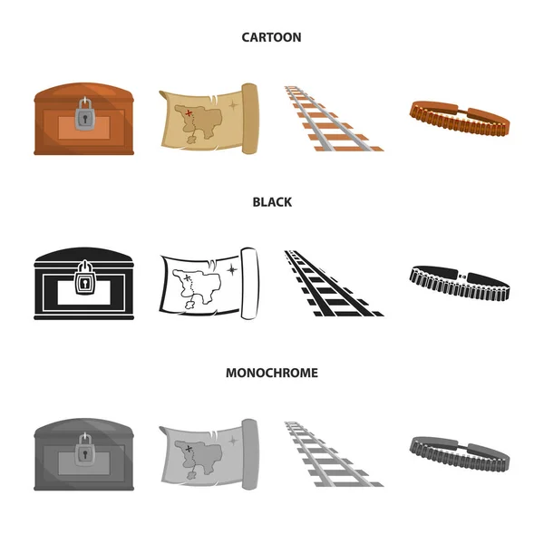 Mapa do tesouro, peito, trilhos, patrulha.Wild oeste conjunto coleção ícones em desenhos animados, preto, estilo monocromático símbolo vetorial ilustração web . —  Vetores de Stock