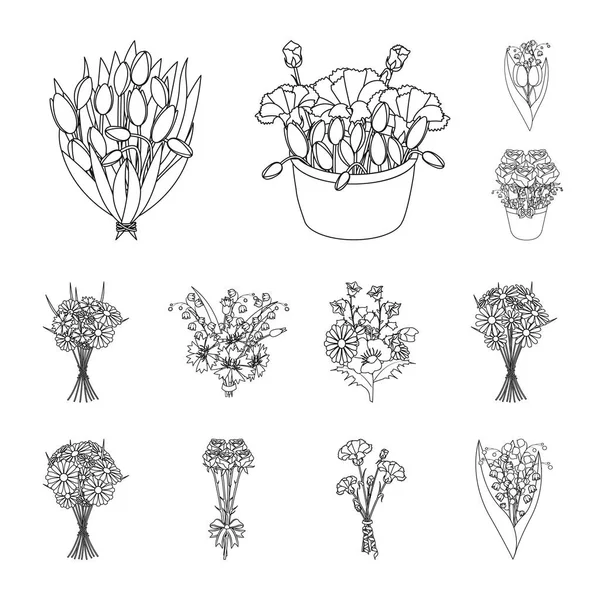 Um buquê de flores frescas delinear ícones na coleção de conjuntos para design. Vários buquês símbolo vetorial web ilustração . — Vetor de Stock