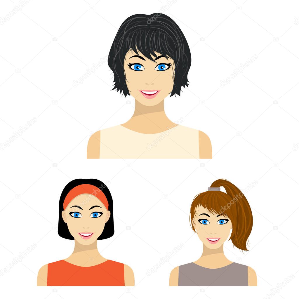 Types of female hairstyles cartoon icons in set collection for design. Appearance of a woman vector symbol stock web illustration.