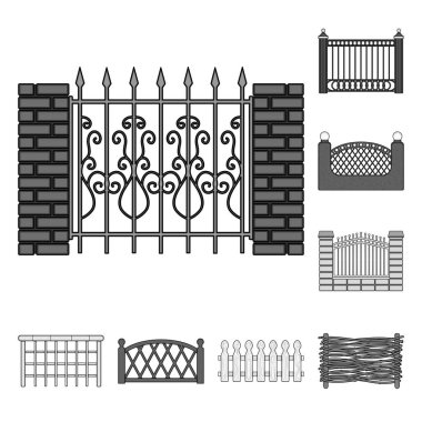 Farklı çitin set koleksiyonu tasarım için tek renkli simgeler. Dekoratif eskrim sembol stok web illüstrasyon vektör.