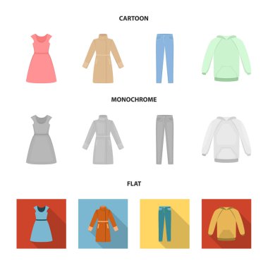 Elbise kısa kollu, pantolon, Mont, raglan ile. Çizgi film, düz, küme koleksiyon simgeler giyim tek renkli stil vektör simge stok çizimde web.