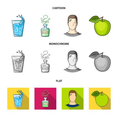Bir bardak su, bir şişe alkol, terleme bir adam, bir elma. Diabeth küme toplama simgeler karikatür, düz, tek renkli stil vektör simge stok çizim web.