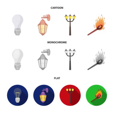 LED ışık, sokak lambası, aynı. Işık kaynağı küme toplama simgeler karikatür, düz, tek renkli stil vektör simge stok çizim web.