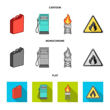Benzin, benzin istasyonu, kule, uyarı işareti için teneke kutu. Petrol küme toplama simgeler karikatür, düz, tek renkli stil vektör simge stok çizim web.