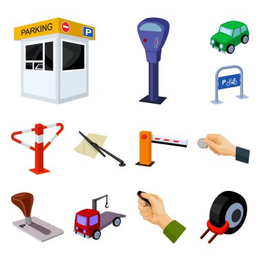 Set koleksiyonu tasarım için araba karikatür simgeleri için park yeri. Ekipman ve hizmet vektör simgesi web illüstrasyon stok.