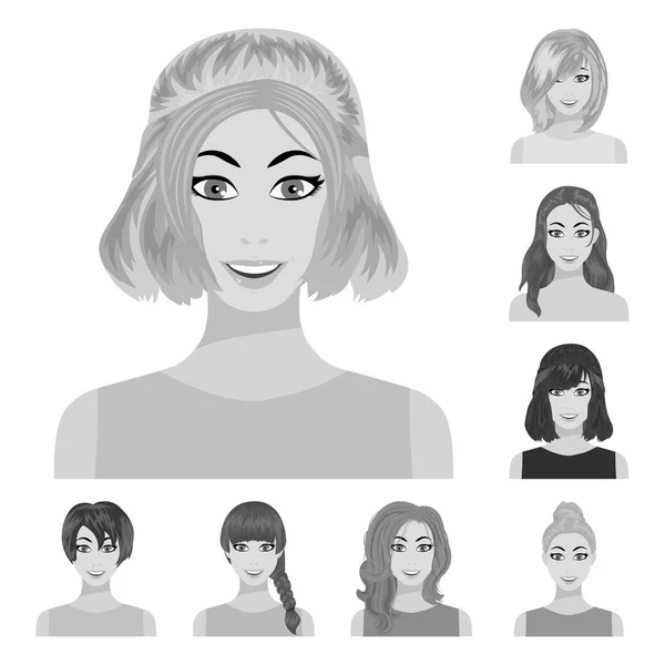 Types of female hairstyles monochrome icons in set collection for design. Appearance of a woman vector symbol stock web illustration. — Stock Vector