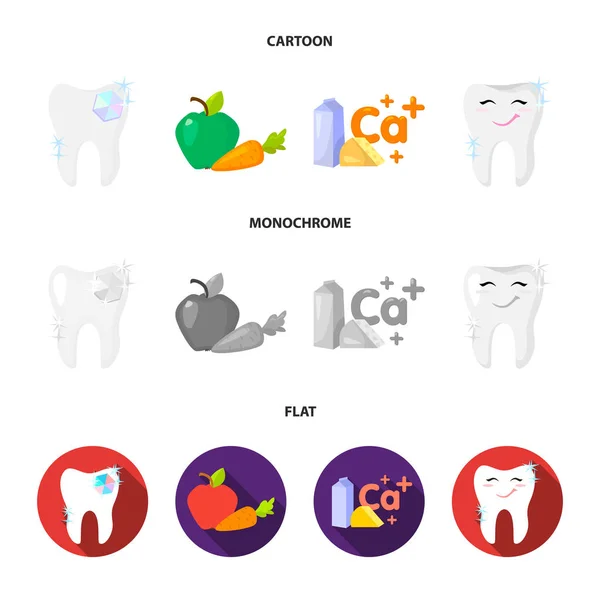 A tooth with brilliant sparkling, an apple with carrots useful for teeth, milk in a box, cheese and a sign of calcium, a smiling tooth. Dental care set collection icons in cartoon,flat,monochrome — Stock Vector