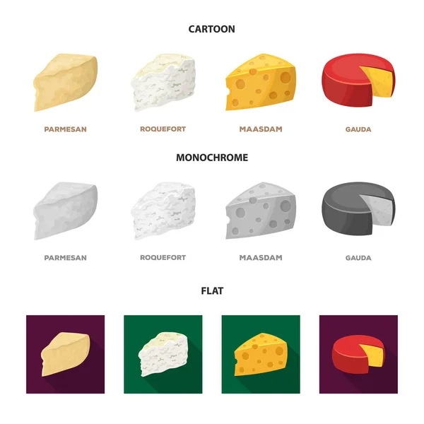 Parmesano, roquefort, maasdam, gauda.Different tipos de queso conjunto colección iconos en dibujos animados, plano, monocromo estilo vector símbolo stock ilustración web . — Vector de stock