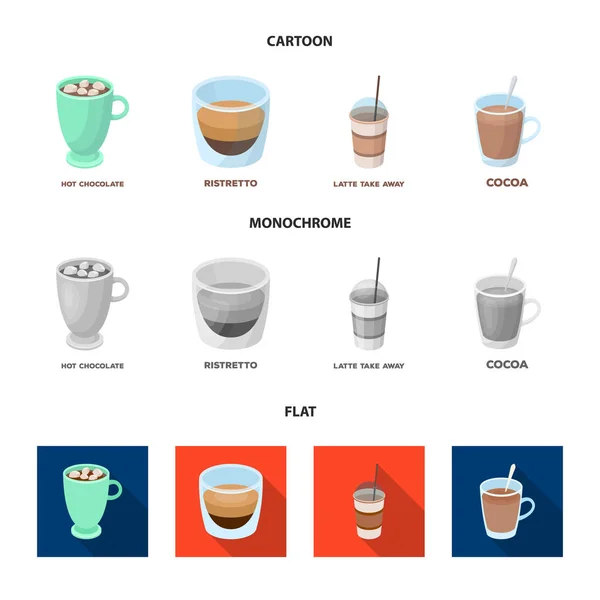 Ristretto, chocolat chaud, latte à emporter. Différents types d'icônes de collection de coffrets de café en dessin animé, plat, symbole vectoriel de style monochrome illustration web . — Image vectorielle