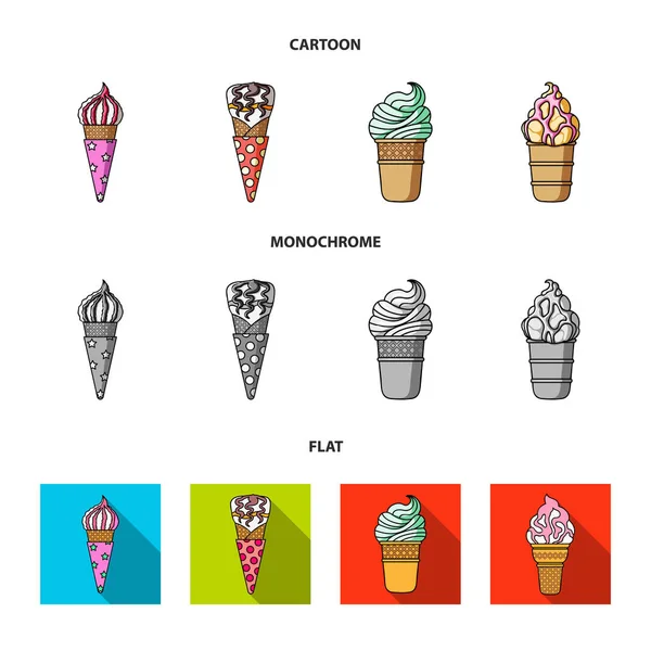 Мороженое на палочке, в вафельном конусе и других видах. Иконки коллекции мороженого в мультипликационном, плоском, монохромном стиле, векторные символы иконок . — стоковый вектор