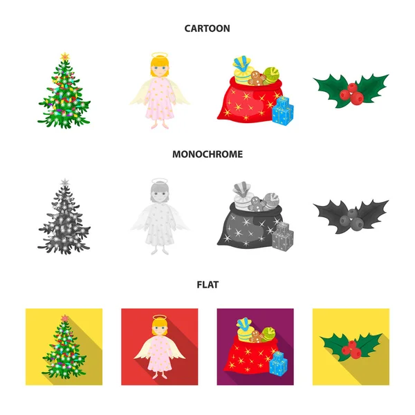 Árbol de Navidad, ángel, regalos y dibujos animados de acebo, planos, iconos monocromáticos en la colección de conjuntos para el diseño. Navidad vector símbolo stock web ilustración . — Archivo Imágenes Vectoriales