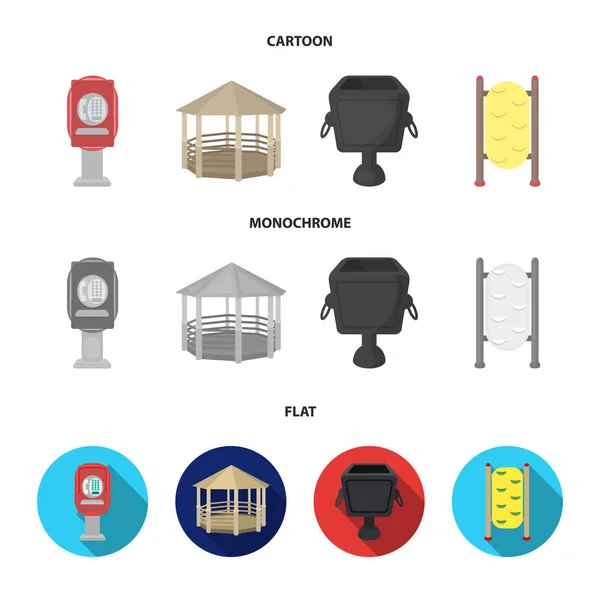 Teléfono automático, gazebo, cubo de basura, pared para niños. Parque conjunto colección iconos en dibujos animados, plano, monocromo estilo vector símbolo stock ilustración web . — Vector de stock