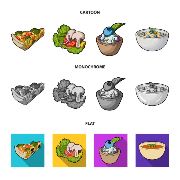 Pièce de pizza végétarienne aux tomates, feuilles de laitue aux champignons, gâteau aux myrtilles, soupe végétarienne aux légumes verts. Ensemble de plats végétariens icônes de la collection dans le dessin animé, plat, vecteur de style monochrome — Image vectorielle