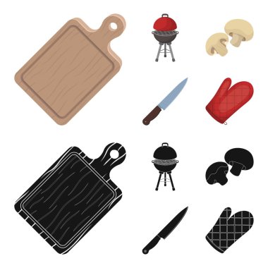 Barbekü ızgara, petrol, bıçak, Barbekü mitten. Barbekü koleksiyonu Icons set çizgi film, siyah stil vektör simge stok illüstrasyon, web