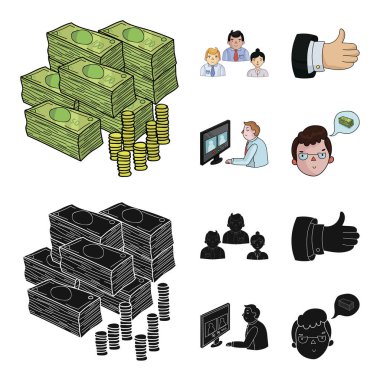Video konferans, iş düşünceler, okay.Bizneskonferentsiya ve müzakerelerin bir rozet toplama simgeler çizgi film, siyah stil vektör simge stok çizim web ayarla.