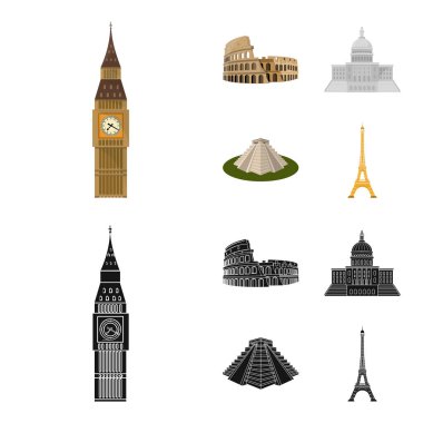 Farklı ülkelerin manzaraları karikatür, set koleksiyonu tasarım için siyah simgeler. Ünlü bina sembol stok web illüstrasyon vektör.