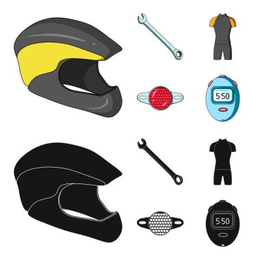 Bir İngiliz anahtarı, bir bisikletçi kemik, bir yansıtıcı, bir zamanlayıcı. Bisikletçi kıyafet toplama simgeler çizgi film, siyah stil vektör simge stok çizim web ayarla..