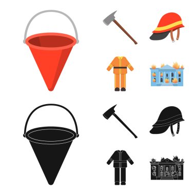 AX, kask, Üniforma, Bina yanıyor. Yangın departmentset çizgi film, siyah stil vektör simge stok çizim web simgeler ayarla.