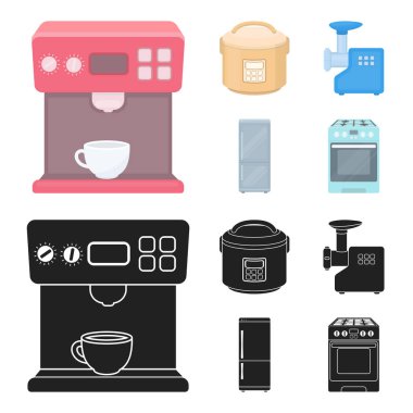 Multivarka, buzdolabı, kıyma makinesi, gaz sobası. Ev toplama simgeler çizgi film, siyah stil vektör simge stok çizim web ayarla..