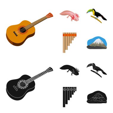 Sampono Meksika müzik aleti, Meksika en yüksek Dağı uzun gagası, Orizaba ile bir kuş değil, amfibi nadir bir hayvan. Meksika ülke toplama simgeler çizgi film, siyah stil vektör ayarla.