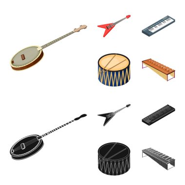 Müzik aleti çizgi film, siyah set koleksiyonu tasarım için simgeler. Resimde web dize ve Nefesli/Üflemeli Saz izometrik vektör simge stok.