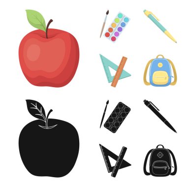 Çok renkli boyalar bir püskül, kalem, üçgen ve cetvel, el çantası, evrak çantası ile. Okul ve eğitim toplama simgeler çizgi film, siyah stil vektör simge stok illüstrasyon ayarla .