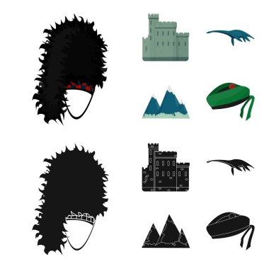Edinburgh Castle, Loch Ness canavarı, Grampian Dağları, Ulusal kap balmoral, tam shanter. İskoçya toplama simgeler çizgi film, siyah stil vektör simge stok çizim web ayarla..