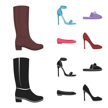Mavi Yüksek Topuklu sandaletler, ev yapımı leylak terlik ile bir pampon, Bayan bale düzlükler, kahverengi yüksek topuklu ayakkabı pembe. Ayakkabı toplama simgeler çizgi film, siyah stil vektör simge stok illüstrasyon ayarla.