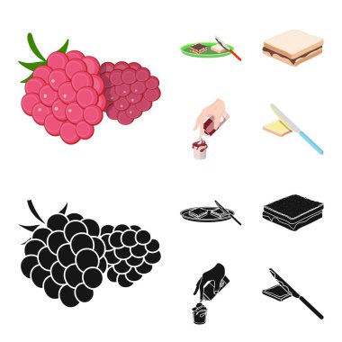 Tatlı krema, bir sandviç ve diğer gıda ile. Yiyecek toplama simgeler çizgi film, siyah stil vektör simge stok çizim web ayarla..