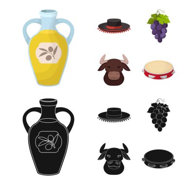 Todeador, matador, bir avuç üzüm ile yumruk, bir boğa için İspanyol boğa güreşi, bir tef şapka. İspanya ülke toplama simgeler çizgi film, siyah stil vektör simge stok ayarla.