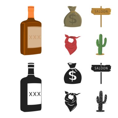 Para, salon, kovboy fuları, kaktüs torba. Vahşi Batı toplama simgeler çizgi film, siyah stil vektör simge stok çizim web ayarla..