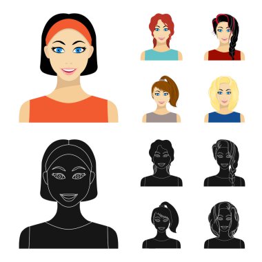 Kadın saç modelleri türleri karikatür, set koleksiyonu tasarım için siyah simgeler. Bir kadın vektör simge stok web illüstrasyon görünümünü.