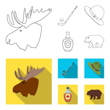 Kanadalı polis şapkası, akçaağaç şurubu bir şişe ve Kanada diğer simgeler. Kanada toplama simgeler anahat, düz stil vektör simge stok çizim web ayarla..