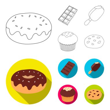 Çörek çikolata, zskimo, shokolpada döşeme, bisküvi. Çikolatalı tatlılar toplama simgeler anahat, düz stil vektör simge stok çizim web ayarla..