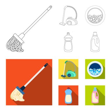 Yıkama yerleri, yeşil bir elektrikli süpürge, bir çamaşır makinesi su ve köpük, bir temizlik maddesi ile bir şişe ile bir pencere bir saplı paspas. Temizleme toplama simgeler anahat, düz stil ayarla