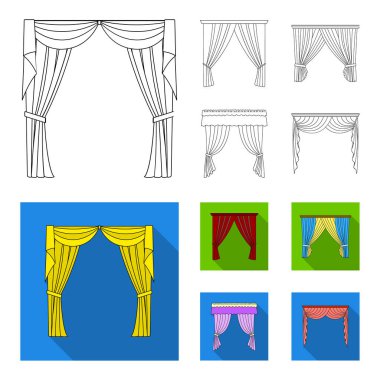 Pencere perdeleri farklı türleri. Perdeleri toplama simgeler anahat, düz stil vektör simge stok çizim web ayarla..
