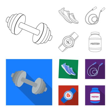 Halter, ip ve ekipman eğitim için diğer. Spor ve egzersiz anahat, düz stil vektör simge stok çizim web simgeler ayarla.