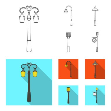 Retro tarzı, modern fener, meşale ve diğer tip-in sokak sokak lâmbası direği. Elektrik direği toplama simgeler anahat, düz stil vektör simge stok çizim web ayarla..