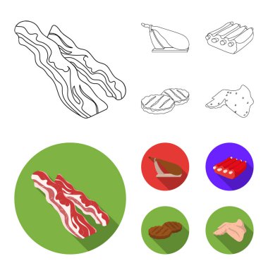 Pastırma, jamon, domuz pirzolası, kızarmış pirzola. Anahat, düz stil vektör simge stok çizim web simgeler et ayarla.