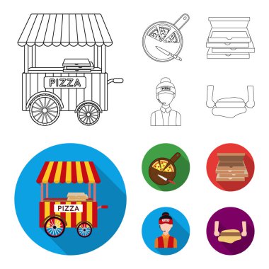 Mobil römork, pizza, kutular, satıcı için tahta kesme. Pizza ve pizza anahat, düz stil vektör simge stok çizim web simgeler ayarla.