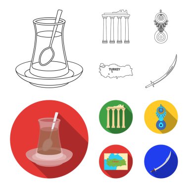 Türk çayı, muska, Harabeleri antik, bölge haritası. Türkiye'de anahat, düz stil vektör simge stok çizim web simgeler ayarla.