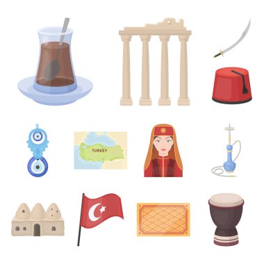 Türkiye'nin ülke çizgi film set koleksiyonu tasarım için simgeler. Sembol stok web illüstrasyon vektör seyahat ve konumlar.