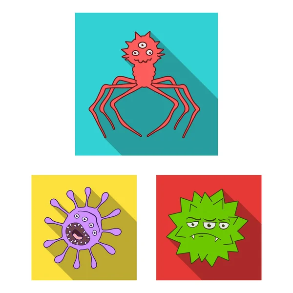 Tipos de microbios divertidos iconos planos en la colección de conjuntos para el diseño. Microbios patógenos vector símbolo stock web ilustración . — Vector de stock