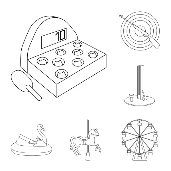 游乐园大纲图标集合中的设计。设备和吸引力矢量符号股票网页插图. — 图库矢量图片